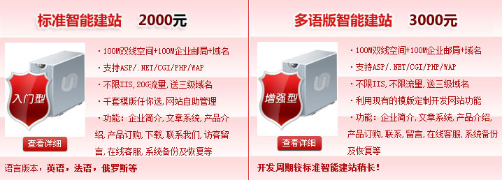 標(biāo)準(zhǔn)智能建站2000元，多語(yǔ)版智能建站3000元100M雙線空間+100M企業(yè)郵局+域名·支持ASP/.NET/CGI/PHP/WAP·不限IIS,不限流量。智能建站系統(tǒng)“魔方”價(jià)格介紹! 熱線電話：400-697-8610 01062199213